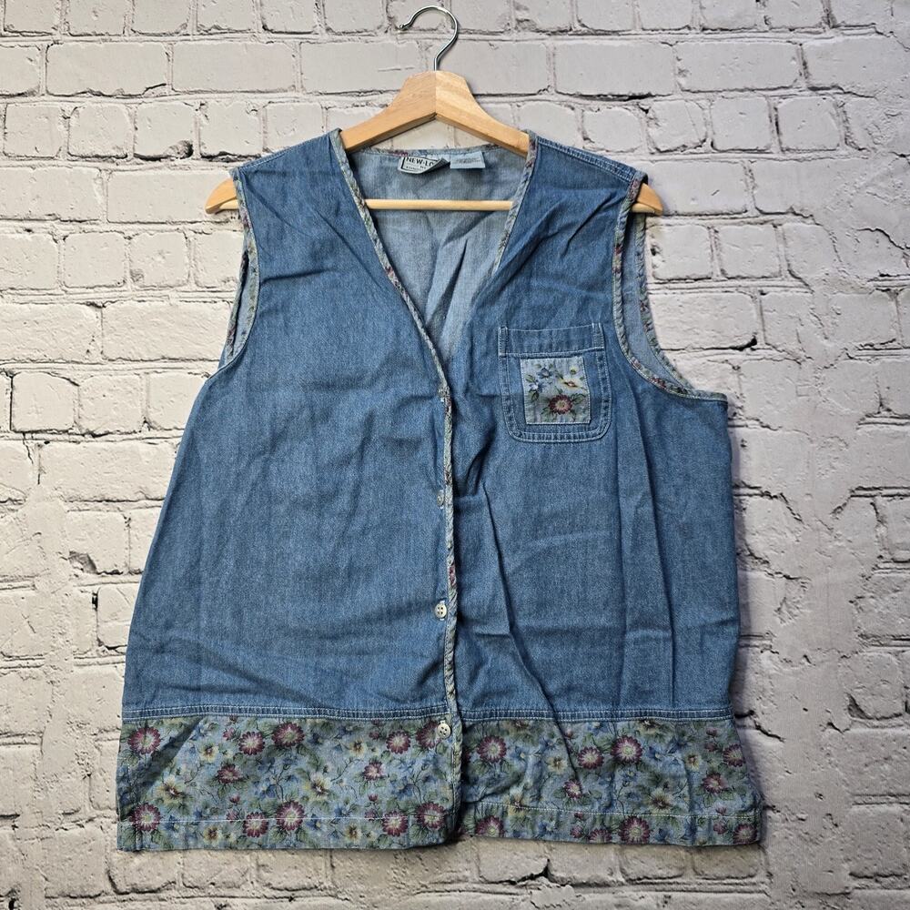 Vintage New Look 100% Cotton Scandi Girl Garden Girl Denim Floral Vest Size XL